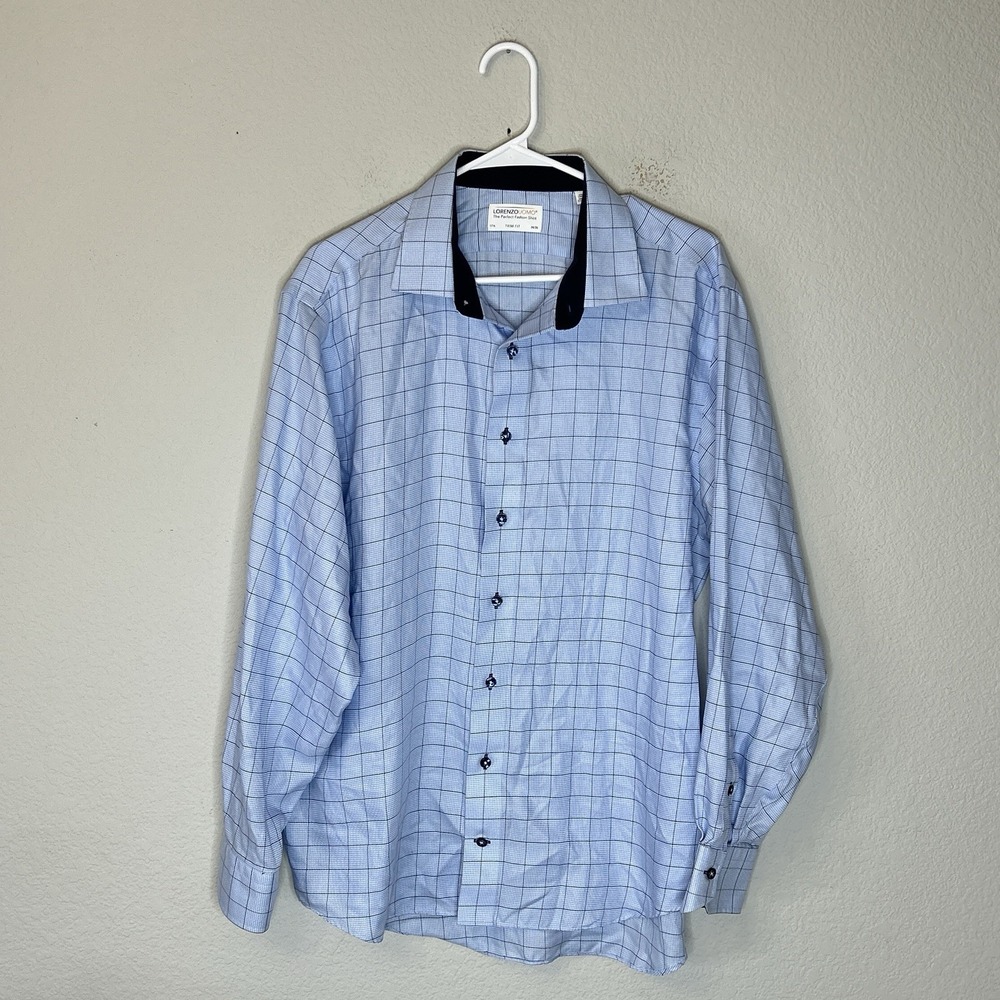 Lorenzo Uomo Trim Fit Dress Shirt Windowpane Check Size 17 1/2 34/35 Light Blue